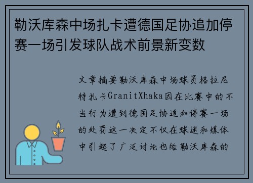 勒沃库森中场扎卡遭德国足协追加停赛一场引发球队战术前景新变数