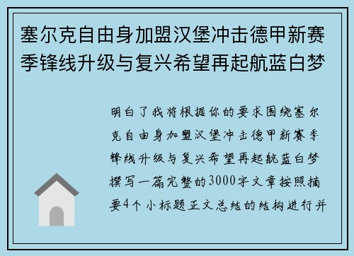 塞尔克自由身加盟汉堡冲击德甲新赛季锋线升级与复兴希望再起航蓝白梦 塞尔克自由身加盟汉堡冲击德甲新赛季锋线升级与复兴希望再起航蓝白梦